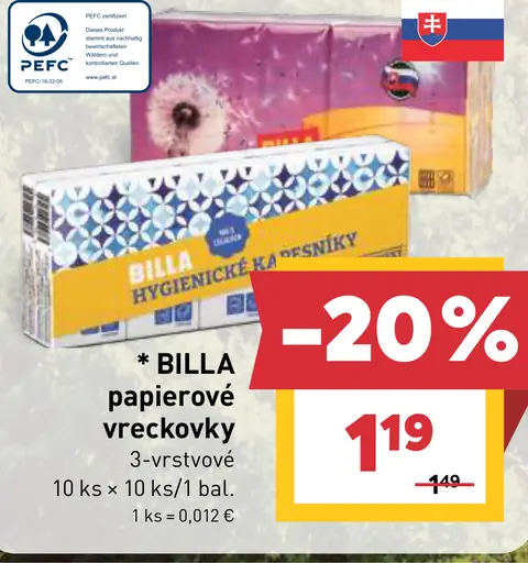 BILLA papierové vreckovky 3-vrstvové