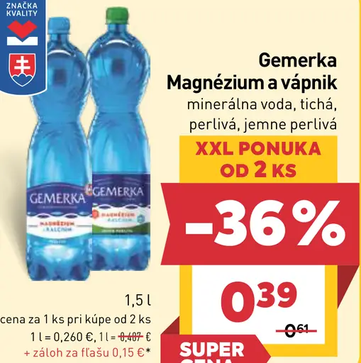 Gemerka Magnézium + vápnik prírodná minerálna voda perlivá