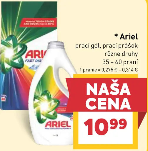 Ariel prací gél alebo prací prášok rôzne druhy 35–40 praní