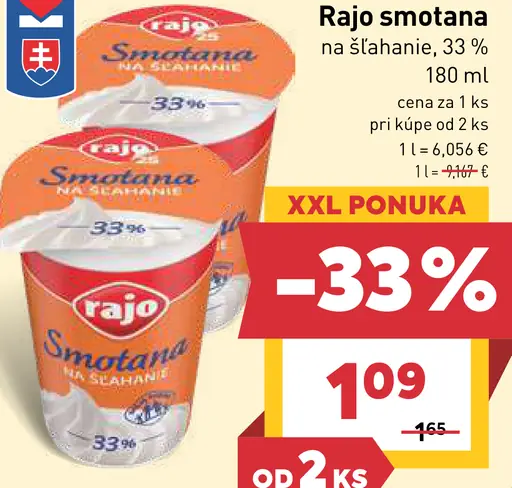 Rajo Smotana na šľahanie 33%
