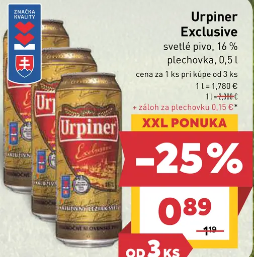 Urpiner Pivo Exclusive svetlé pivo 16 %