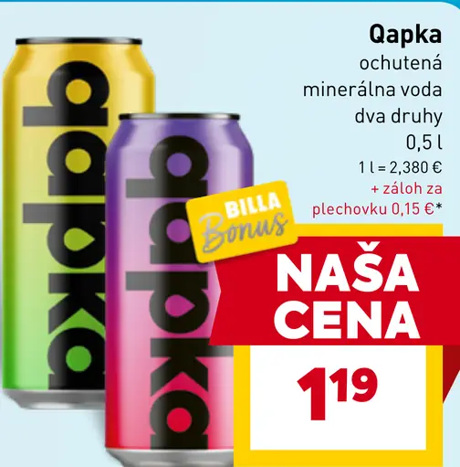 Qapka ochutená minerálna voda, dva druhy, plechovka