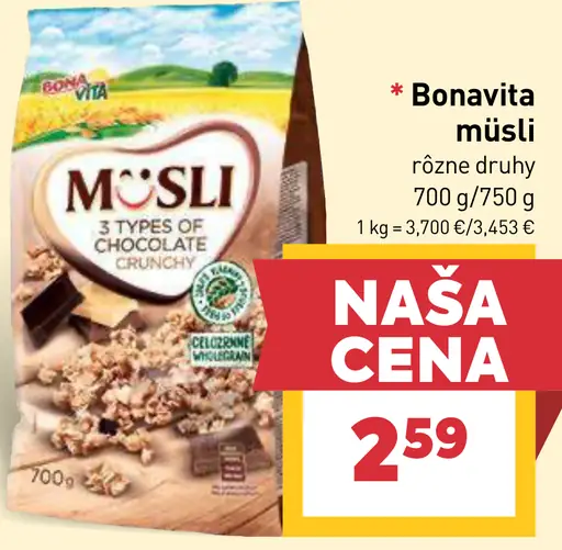 Bonavita müsli 3 types of chocolate crunchy celozrnné