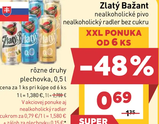 Zlatý Bažant nealkoholické pivo, nealkoholický radler bez cukru rôzne druhy plechovka