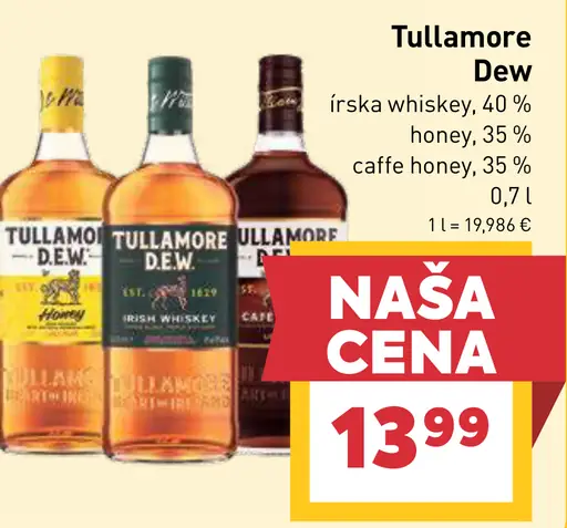 Tullamore Dew írská whiskey Original, honey alebo caffe honey