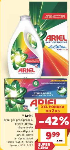 Ariel prací gél, prášok, pracie tablety