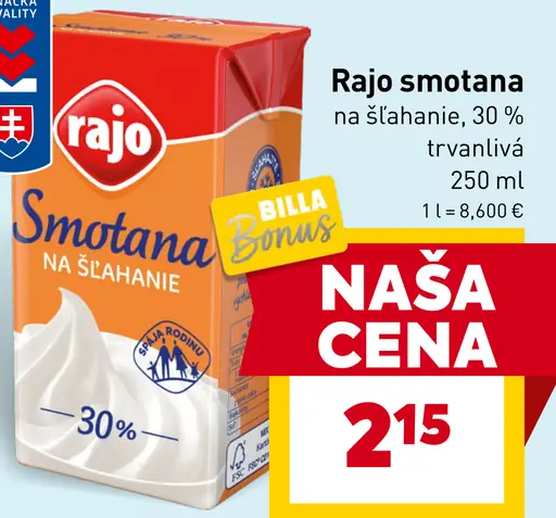 Rajo smotana na šľahanie 30 % trvanlivá