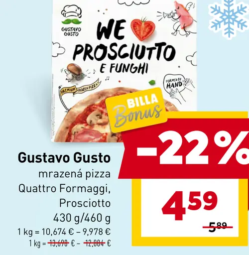 Gustavo Gusto mrazená pizza Quattro Formaggi, Prosciutto e Funghi