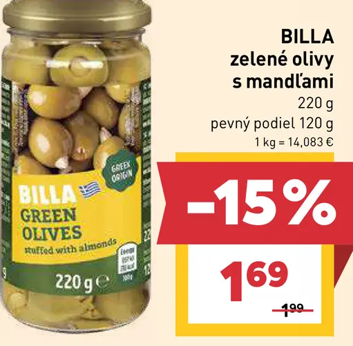 BILLA Premium zelené olivy s mandľami