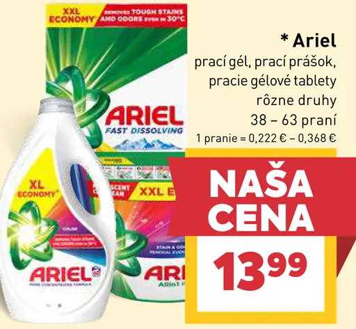 Ariel prací gél, prášok, pracie tablety