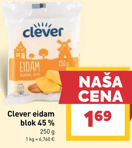 Clever eidam blok 45 % tvrdý syr