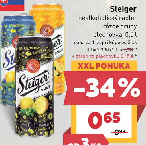 Steiger nealkoholický radler, rôzne druhy, plechovka