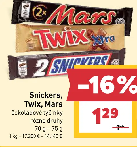 Snickers, Twix a Mars čokoládové tyčinky