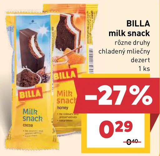BILLA milk snack, rôzne druhy, chladený mliečny dezert