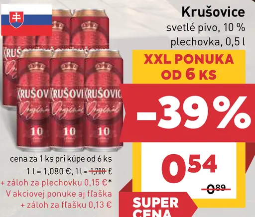 Krušovice svetlé pivo, 10 % plechovka