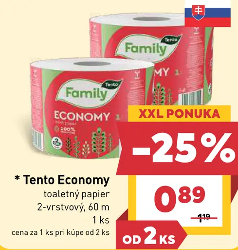Tento Economy toaletný papier 2 vrstvový 1 kotúč