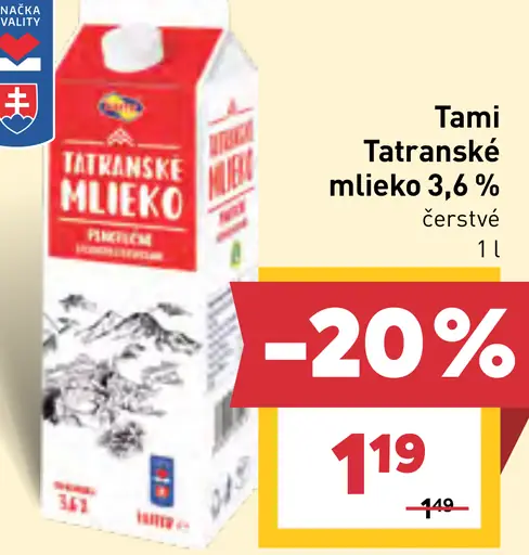 Tami Tatranské mlieko 3,6 % čerstvé