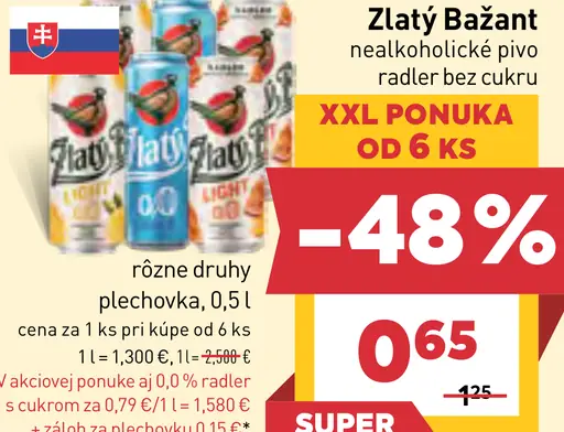Zlatý Bažant nealkoholické pivo, nealkoholický radler bez cukru rôzne druhy plechovka
