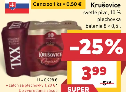 Krušovice svetlé pivo, 10 % plechovka