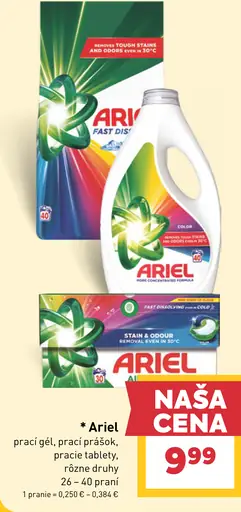 Ariel prací gél, prášok, pracie tablety