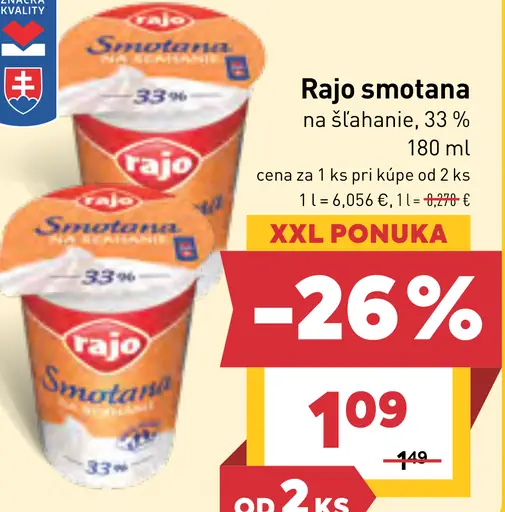 Rajo Smotana na šľahanie 33%