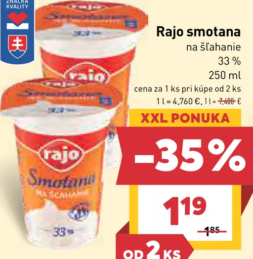 Rajo Smotana na šľahanie 33%