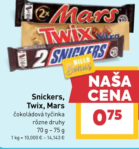 Mars, Twix, Snickers čokoládová tyčinka