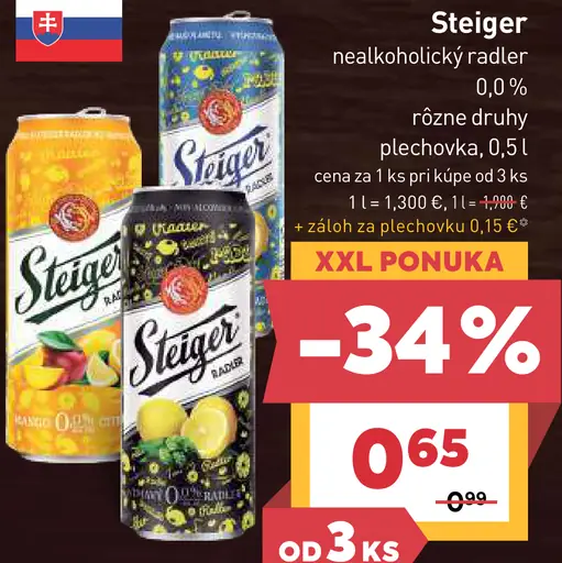 Steiger nealkoholický radler 0,0 %, rôzne druhy, plechovka