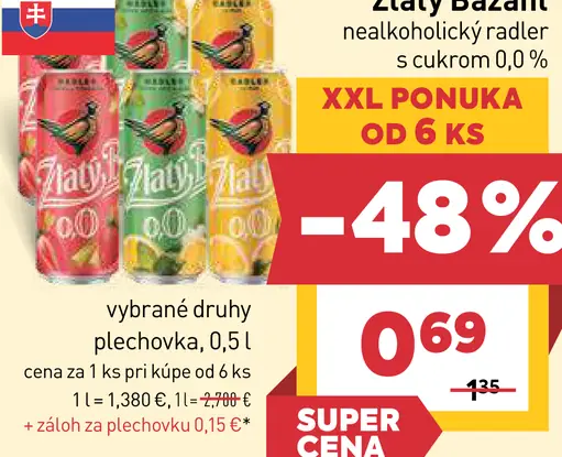 Zlatý Bažant nealkoholický radler, vybrané druhy, plechovka