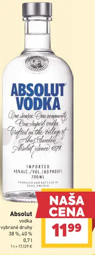 Absolut vodka, vybrané druhy 38 % a 40 %