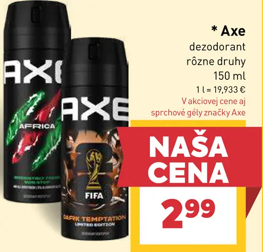Axe dezodorant, rôzne druhy vrátane Africa a Dark Temptation