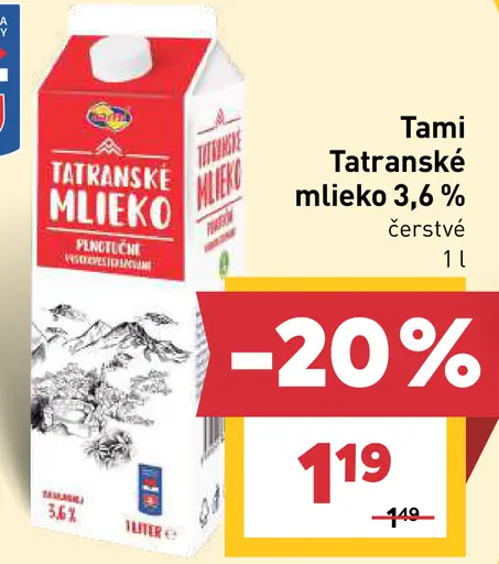 Tami Tatranské mlieko 3,6 % čerstvé