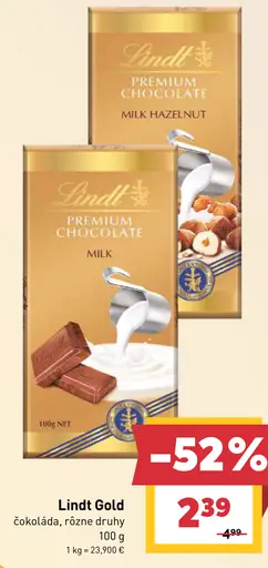 Lindt Gold Premium Chocolate čokoláda Milk Hazelnut, Milk