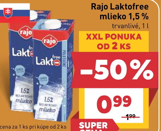 Rajo Laktófree mlieko trvanlivé 1,5 % polotučné