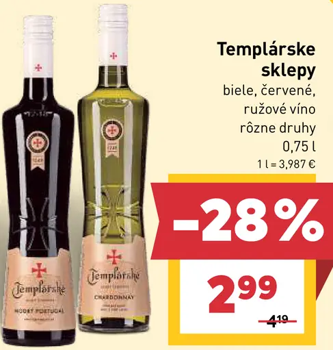 Templářske sklepy víno biele, červené alebo ružové