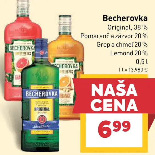 Becherovka Original, Pomaranč a zázvor, Grap a chmeľ, Lemon