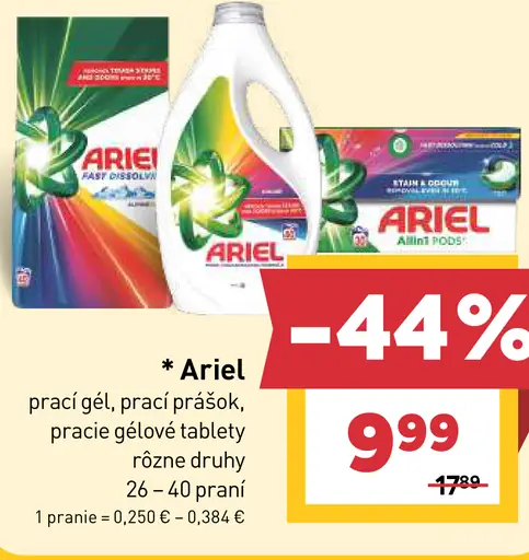 Ariel prací gél, prášok, pracie tablety