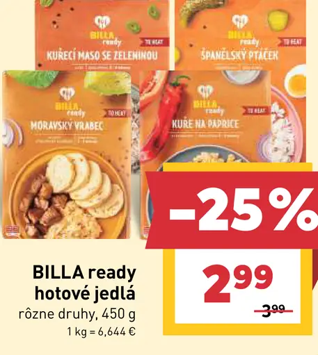 BILLA ready hotové jedlá – Kuracie mäso so zeleninou, Španielsky ptáčik, Moravský vrabec, Kurča na paprike