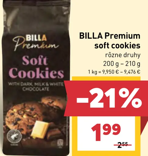Billa Premium Soft Cookies s mliečnou, horkou a bielou čokoládou