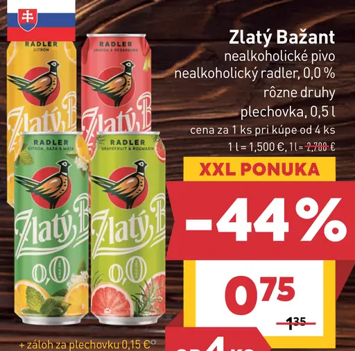 Zlatý Bažant nealkoholický radler alebo nealkoholické pivo plechovka