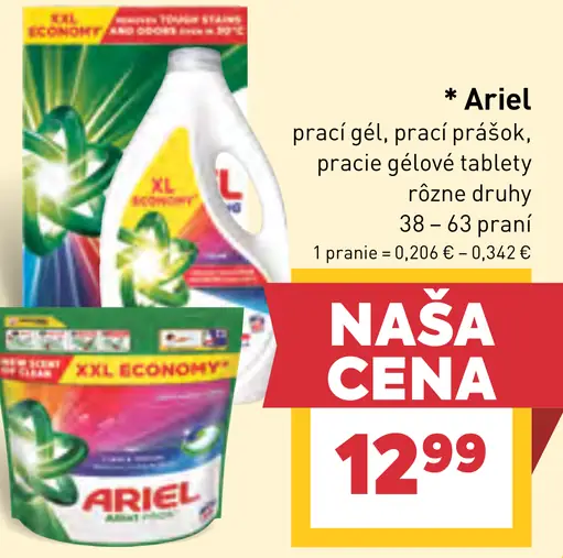Ariel prací gél, prášok, pracie tablety