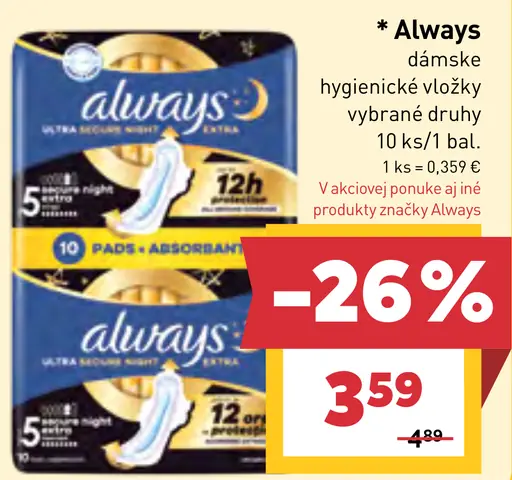 Always dámske hygienické vložky, vybrané druhy