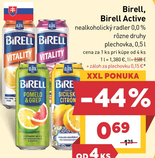 Birell Active, Birell Vitality, Birell Pomelo & grep, Birell Sicília citrón plechovka