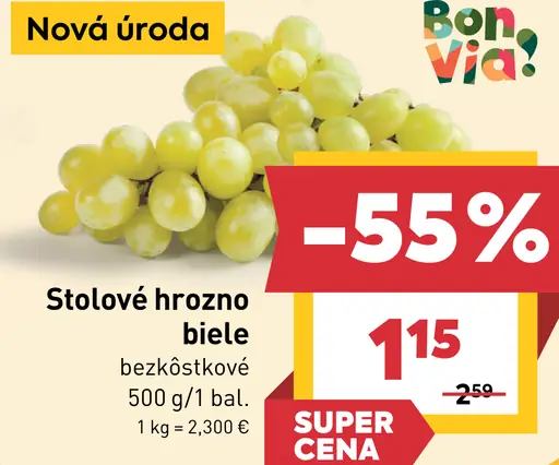 Bon Via stolové hrozno biele bezjadierkové