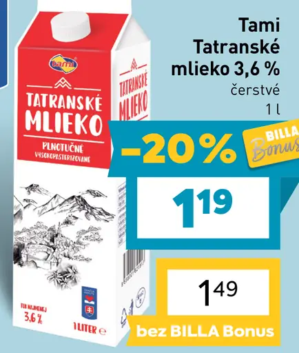 Tami Tatranské Mlieko plnotučné 3,6% čerstvé