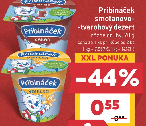 Pribináček smotanovo-tvarohový dezert – kakao, vanilka
