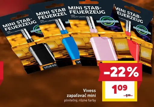 Vivess zapaľovač mini, plniteľný, rôzne farby