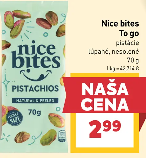 Nice Bites To Go pistácie lúpané nesolené