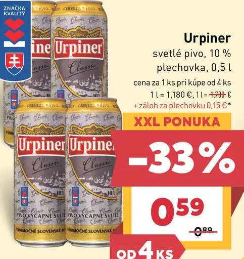 Urpiner svetlé pivo plechovka