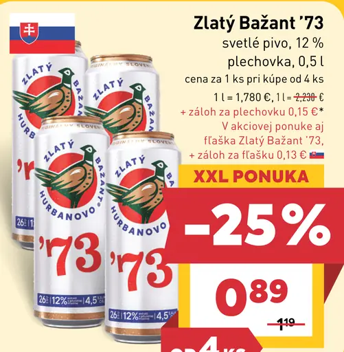 Zlatý Bažant '73 svetlé pivo plechovka